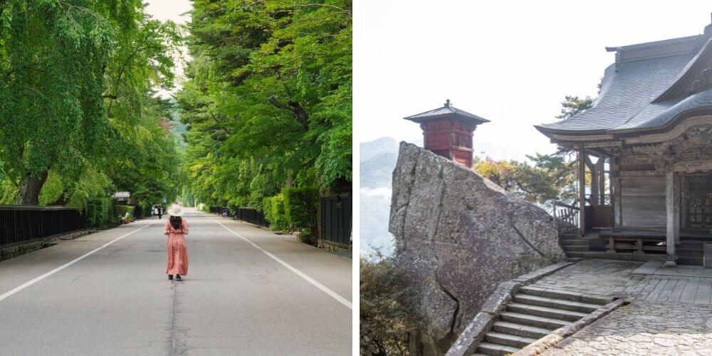 [圖片說明] 左圖：漫步在沒有擁擠人群的角館武士屋敷。右圖：攀登一千級石階後，在山寺獲得的美景獎賞。